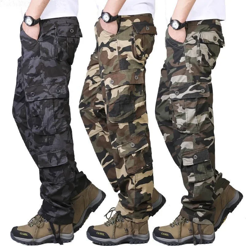 

2024 Men's Cotton Camouflage Trousers Thick Straight Casual Wear-Resistant Durable Multi-Pocket Slacks