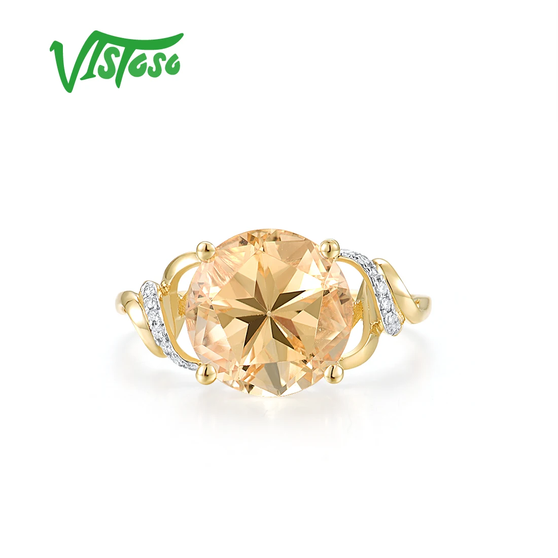 VISTOSO Genuine 14K 585 Yellow Gold Ring For Women Sparkling Diamond Citrine Attractive Wedding Engagement Dalicate Fine Jewelry