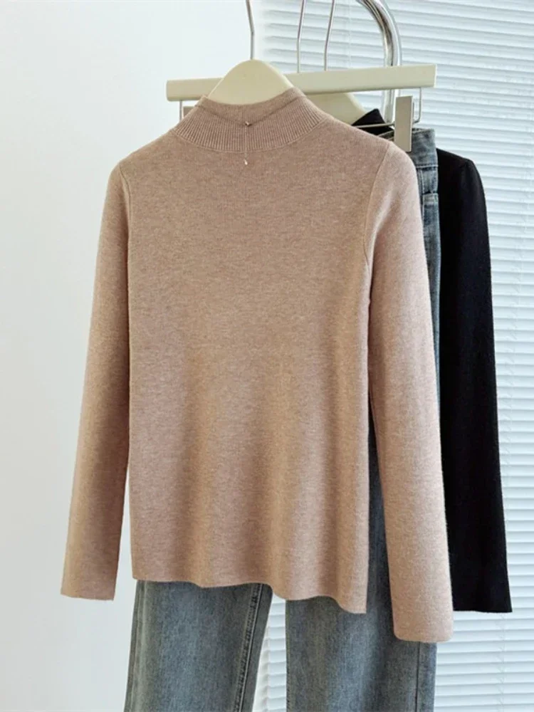 zjaiss 2026 Autumn Winter Women Pullover Wool Knit Base Mock Neck Sweater Solid Color Slim Versatile Long‑Sleeve Tops