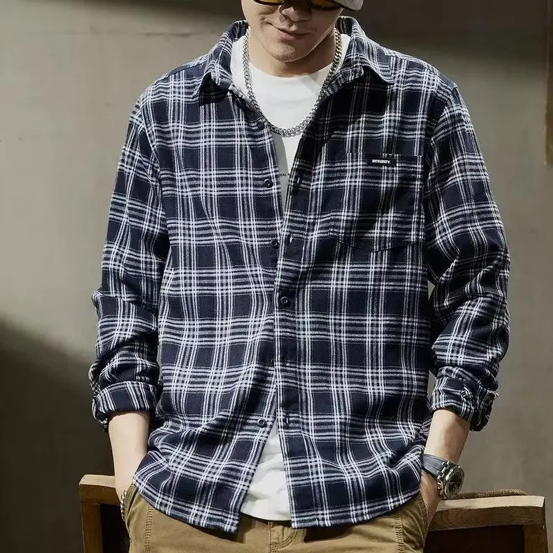 

Men's Plaid irt Loose Casual Long Sve Spring Autumn Trendy American Retro Outerwear Stand Fit Polyester Youth ular