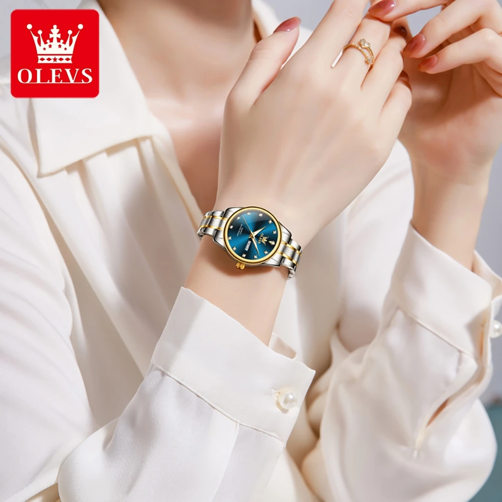 OLEVS 3612 Original Elegant Quartz Ladies Watch Week Calendar Display Dress Watch For Women Waterproof Stainless Steel Clock