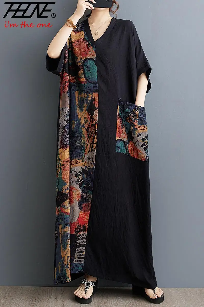 THHONE Summer Dress Women Vintage Loose Print Patchwork Pockets Beach Vestidos De Mujer Casual Bohemian Robe Long Maxi Dresses