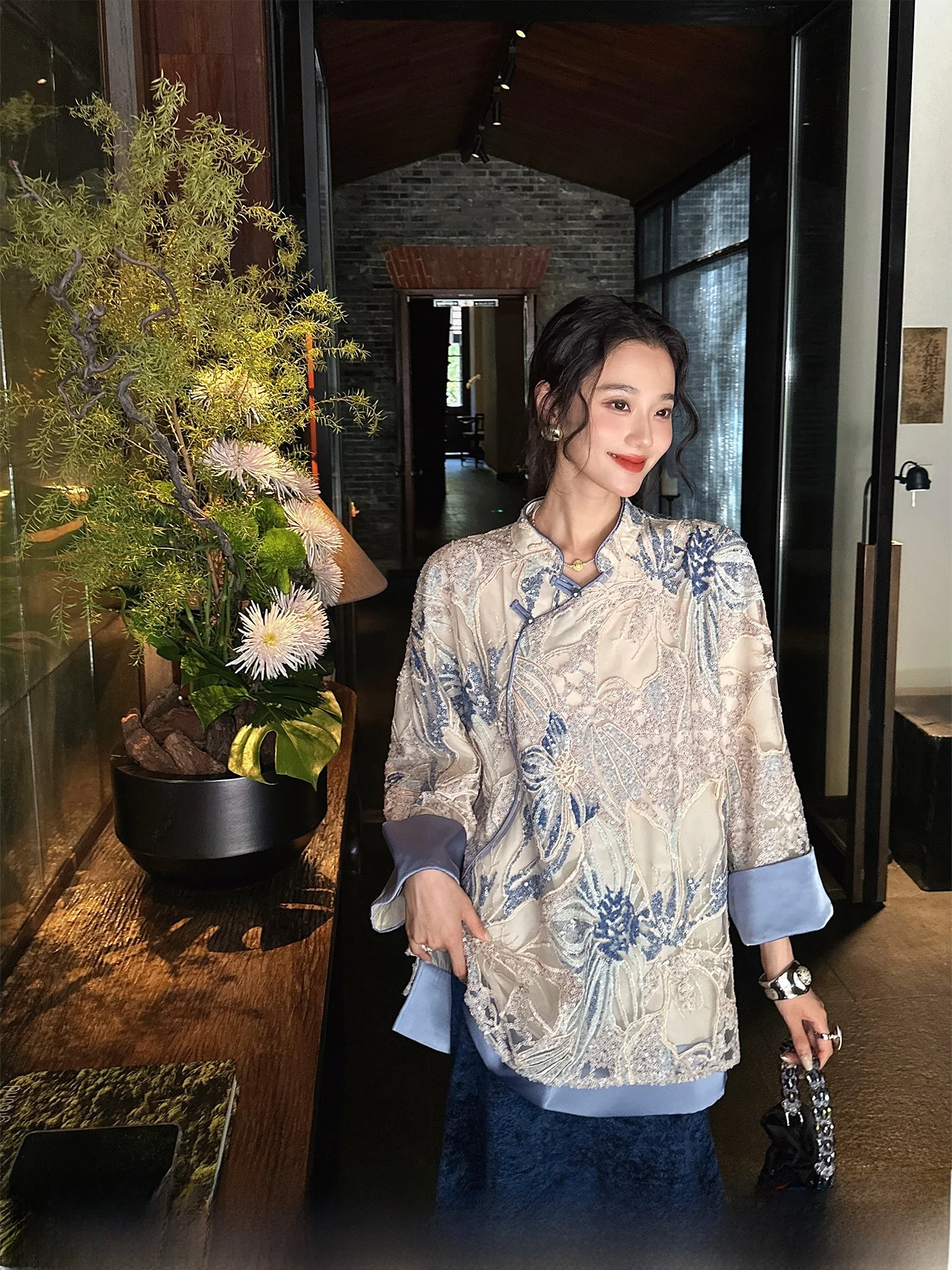 

Sanji Bla Flower Embroidered Bead irt New Chinese Sle Women's Premium Top Sensation Lightweight Luxury Long Sve irt