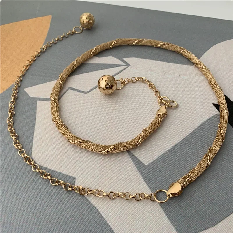 Gold Metal Cinto de cintura para mulheres e meninas, ajustável Tassel Ball Chain, cintos Correias, vestido, jeans Cintura Acessórios, moda