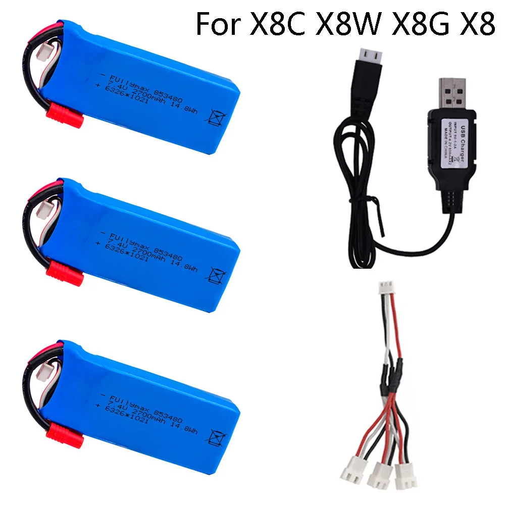 

Lipo Battery 2S 7.4v 2700mAh with USB Charger for Syma X8C X8W X8G X8 RC Drones Quadcopter Spare Parts 7.4V rechargeable battery