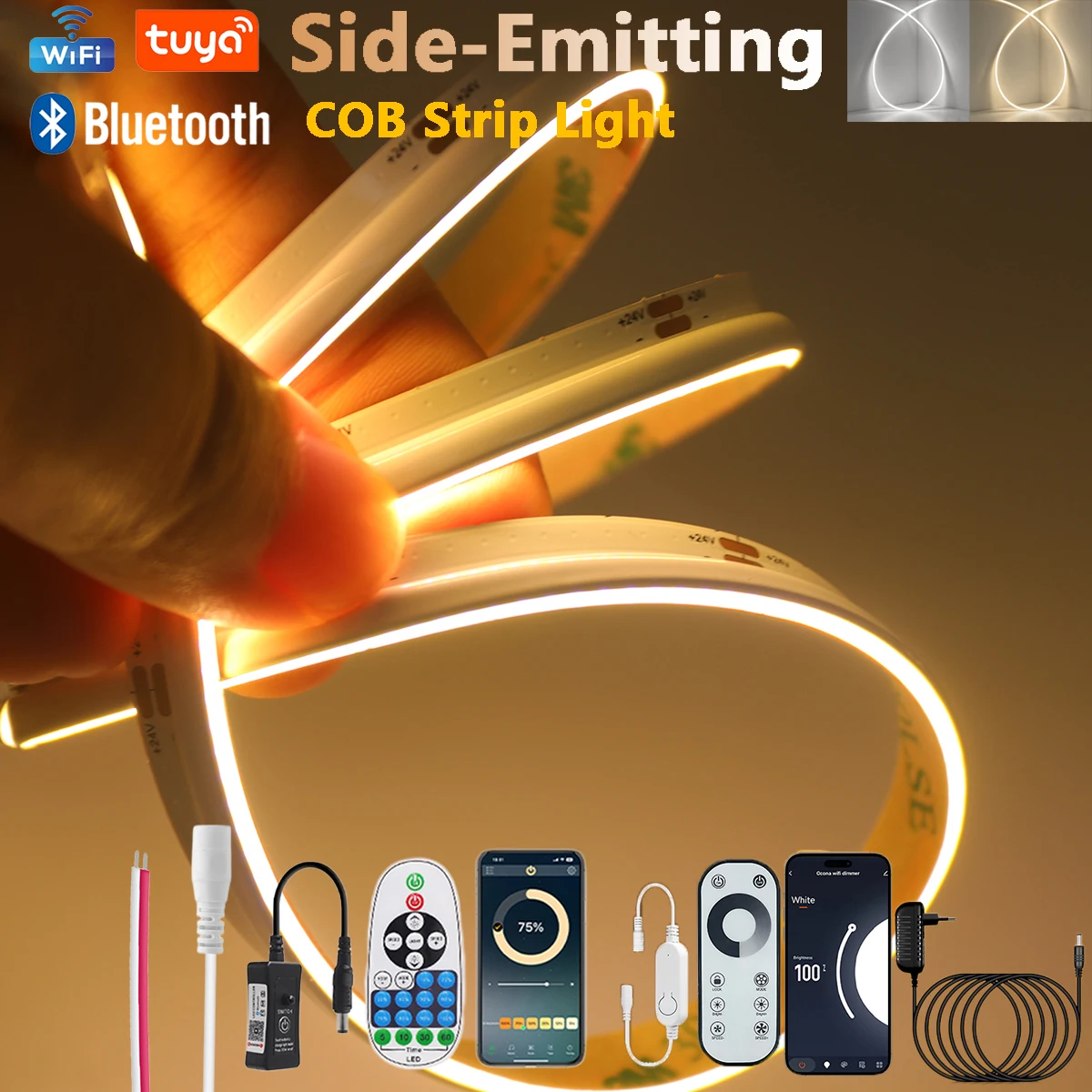 24V COB Side-emitting LED Strip Light Bluetooth Wifi 24key IR 8key Touch 480 Leds/m IP20 3000K 4000K 6000K High Bright Flex Lamp