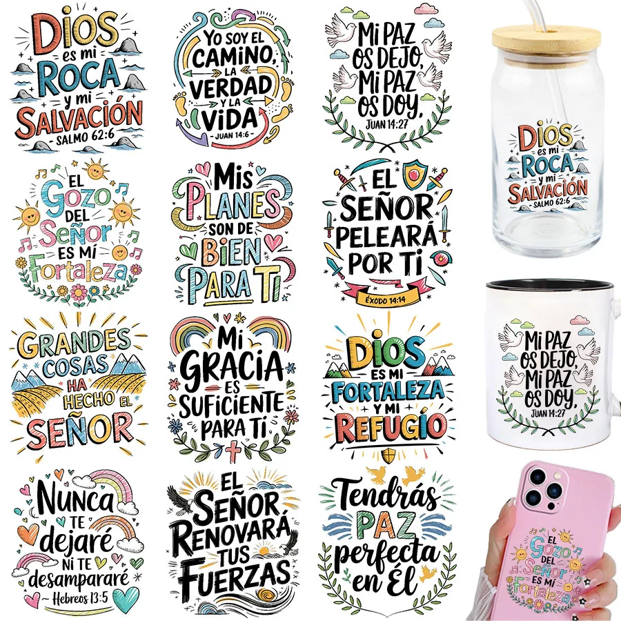 12pcs Spanish Bible Verse Christian DIY UV DTF Rub On Transfer Stickers Crafts Glass Mug Cup Wraps Junk Journal Scrapbooking