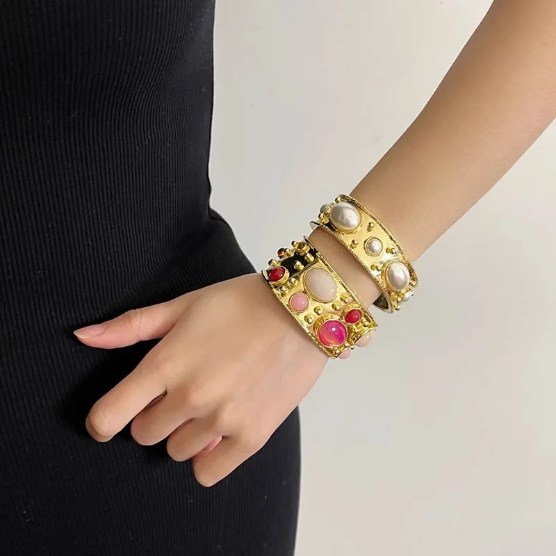 

2026 Malachite Cuff Bangles Jewelry Colorful Gemstones Geometric Bracelets for Women Palace Style Retro Pulseras Mujer