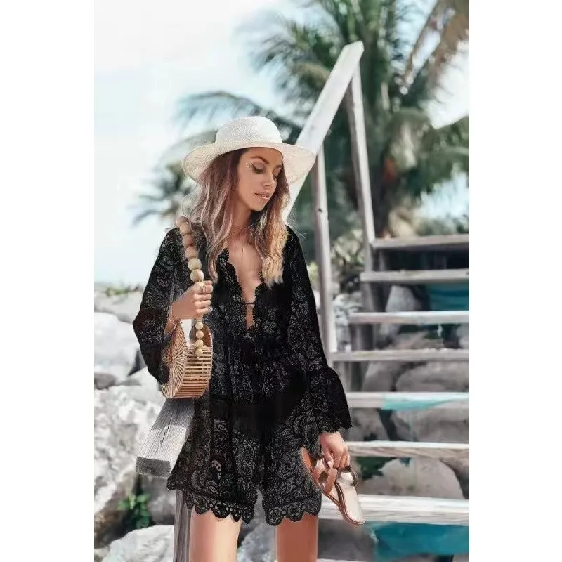Women Sexy Lace Dress V-neck Long Sleeve Spring Summer Beach Sun Protection Lady Perspective Casual Holiday Short Clothing