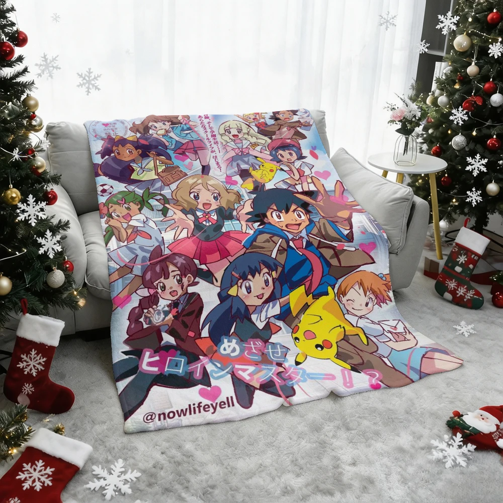 Pokemon Ash Pikachu Misty Dawn Serena Lillie Flannel Throw Blanket Soft Warm Blanket for Sofa Bed Home Decor Kids Gift