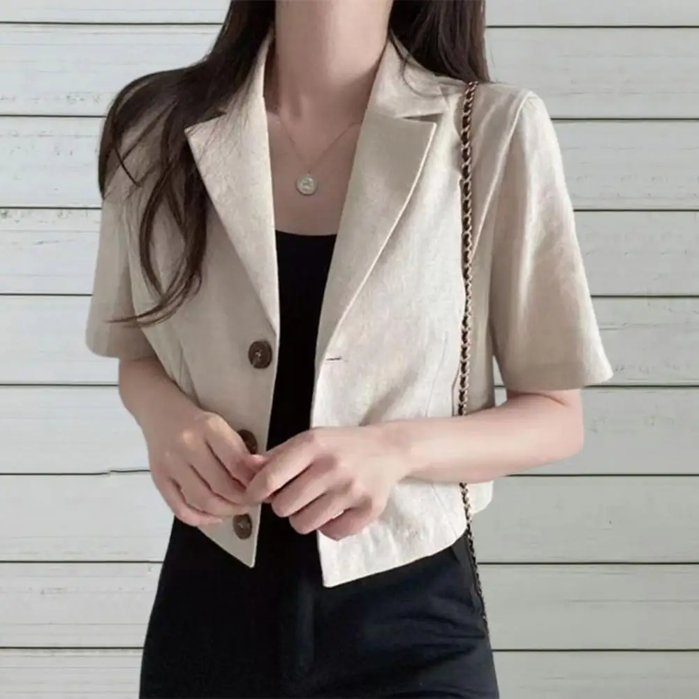 Women Summer Suit Coat Lapel Short Sleeve Single Breasted Buttons Placket Short Suit Jacket Solid Color Business Outwear