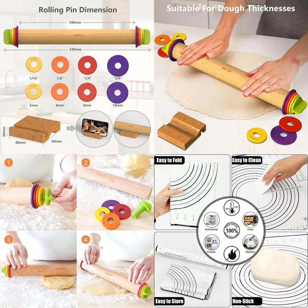 

Adjustable 13.6 Wooden Rolling Pin with Thickness Rings, Silicone Baking Mat & Stand for Cookies and Pizza Dough