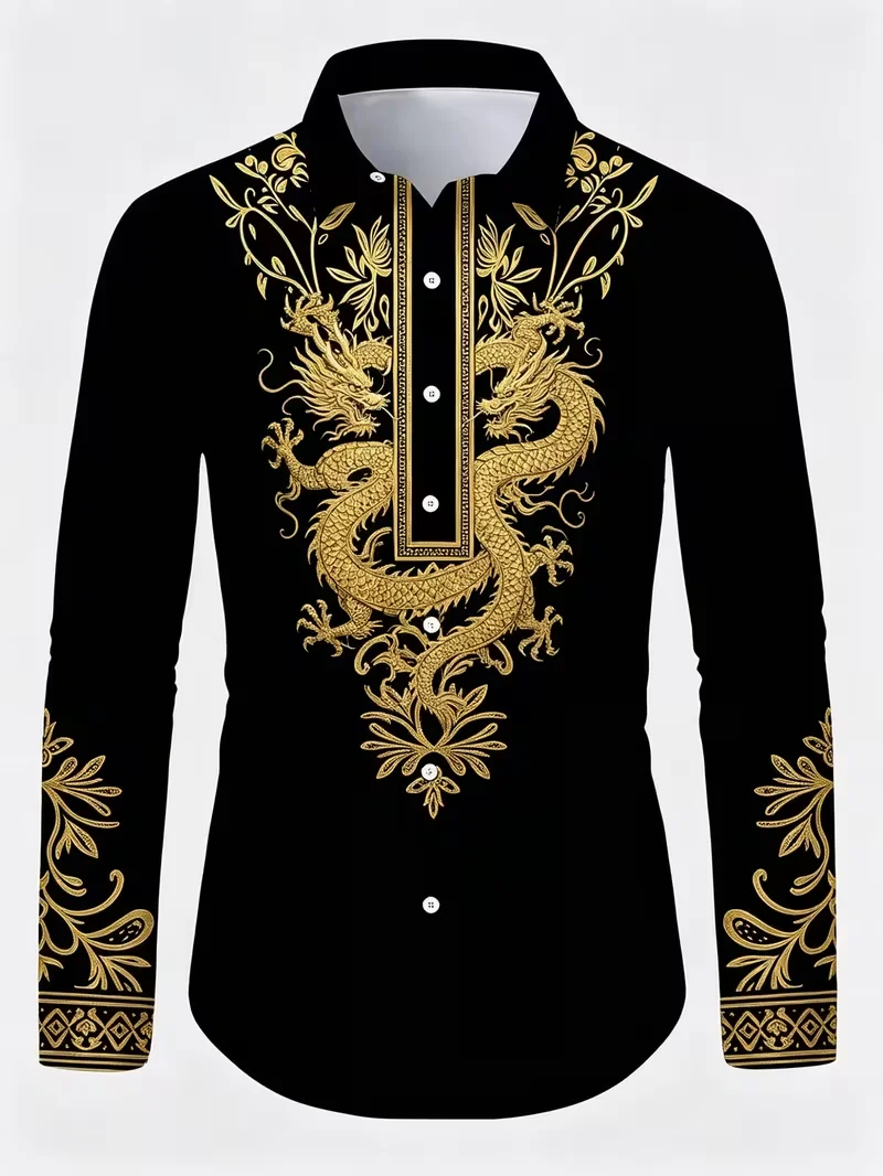 Men's Luxury Glossy Long Sleeve Shirt Chinese Loong Print Traditional Oriental Fashion for Party Night Club Prom Casual Top