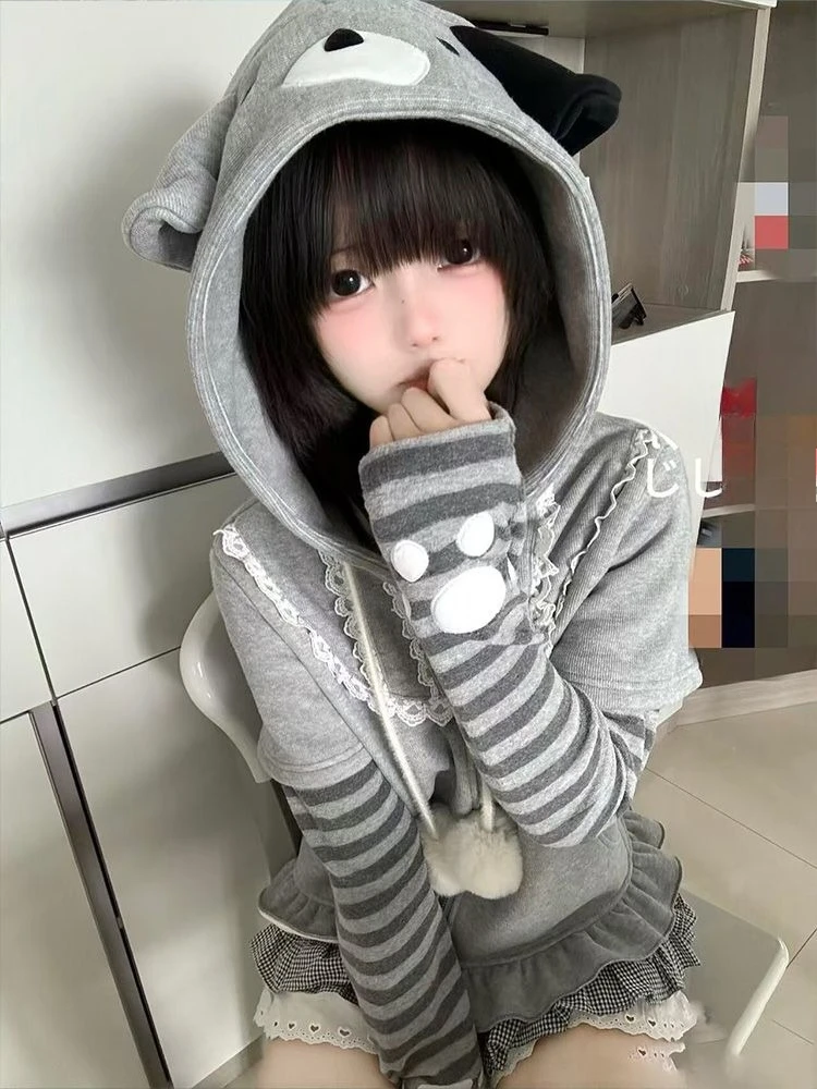 Sweat à capuche japonais Y2k Kawaii à manches longues pour femmes, sweat-shirt décontracté en dentelle avec oreilles de chat, rayé, Patchwork, fermeture éclair, dessin animé doux, automne 2025