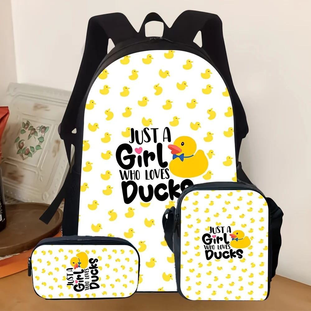 3pcs Keepdo Girls' Duck Print School Backpack with Tablet/Laptop Compartment & Adjustable Straps - Yellow Duck Suitable for Scho
