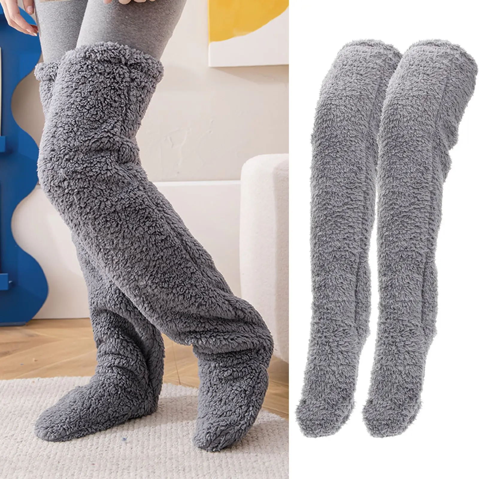 1 Pair Plush Stockings Knee High Fuzzy Socks Women Thicken Overknee Long Socks Warm Stockings Slipper Socks Winter warm Stocking