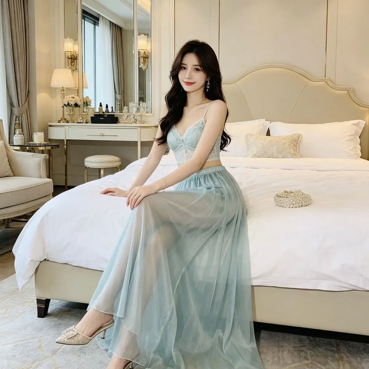 Silk Transparent Smooth Wide-leg Skirt Pants Unisex Loose Fashionable Lazy Style Naked Sleep Printed Sheer Sexy Pants