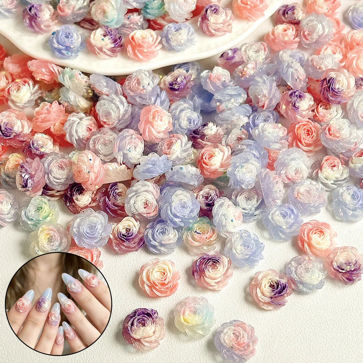30pcs Popular Soft Carved Rose Nail Charms Simulation Flower Resin Ornaments For DIY PressOnNails Manicure Handcraft Accessories