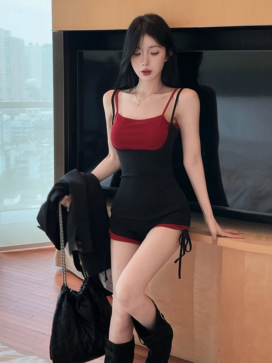 

Sexy Splice Color Block Two-Piece Illusion One-Piece Suit Casual Sexy Slim Fit Yoga Sports Shorts High Waist Short Length