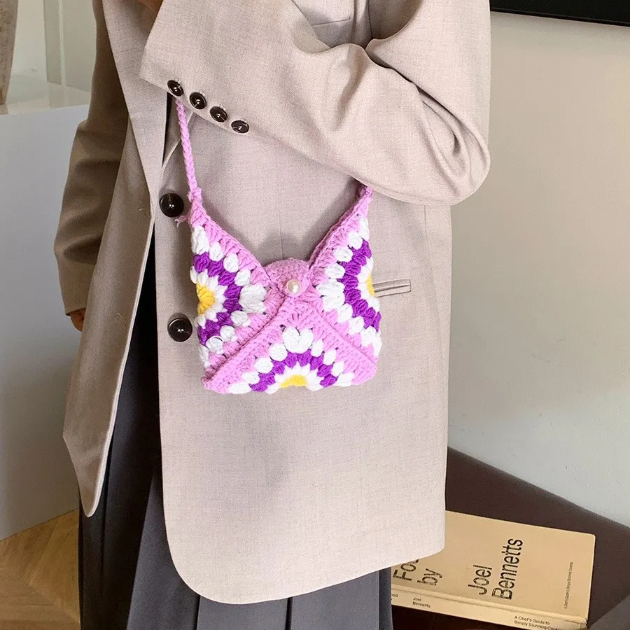 New Womens Handmade Crochet Square Mini Tote Bag Color Block Pearl Button Drawstring Handbag for Women Girls