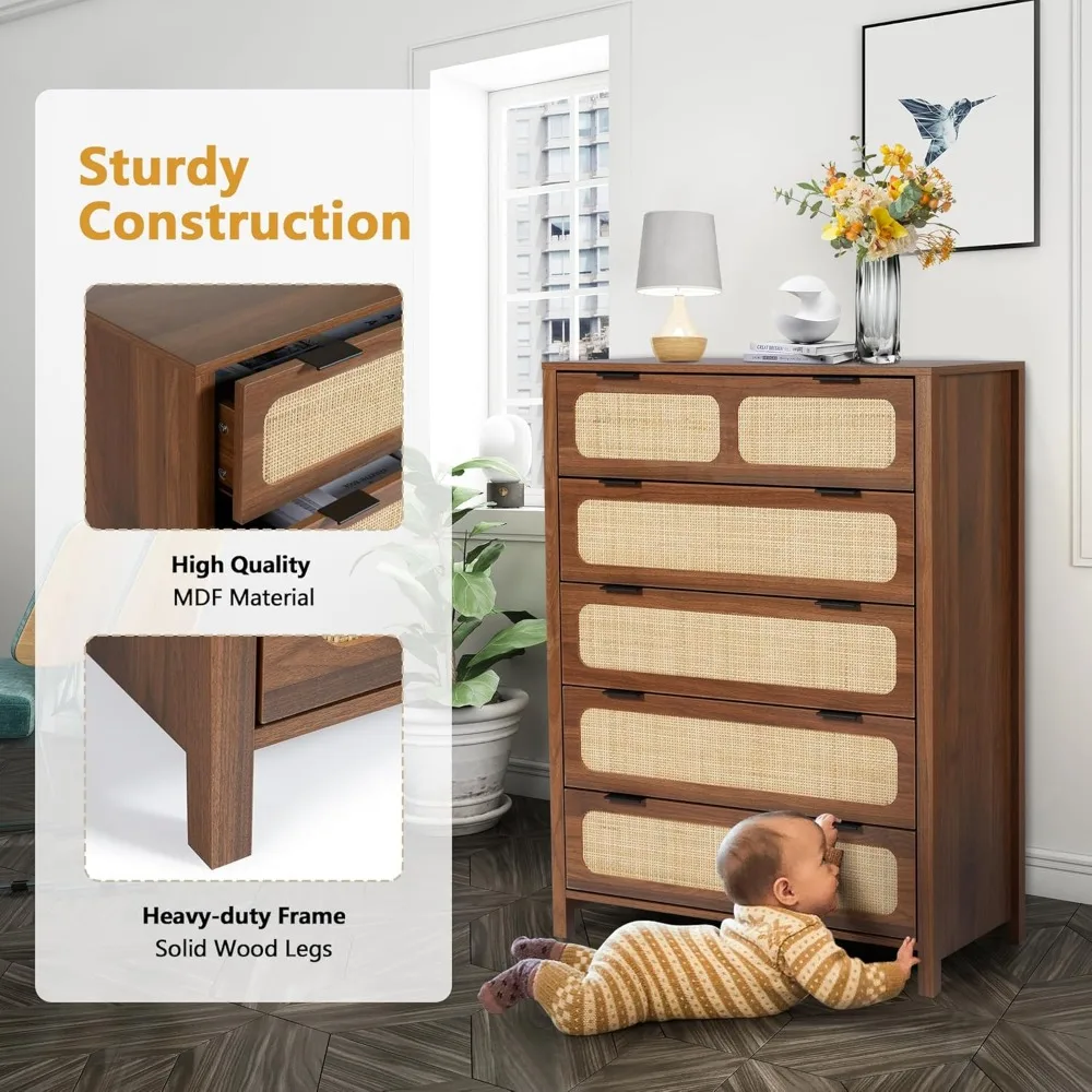 5 Drawer Dresser for Bedroom, Wide Chest of Drawers with Storage, Rattan Nightstand Cabinet for Bedroom Hallway Living