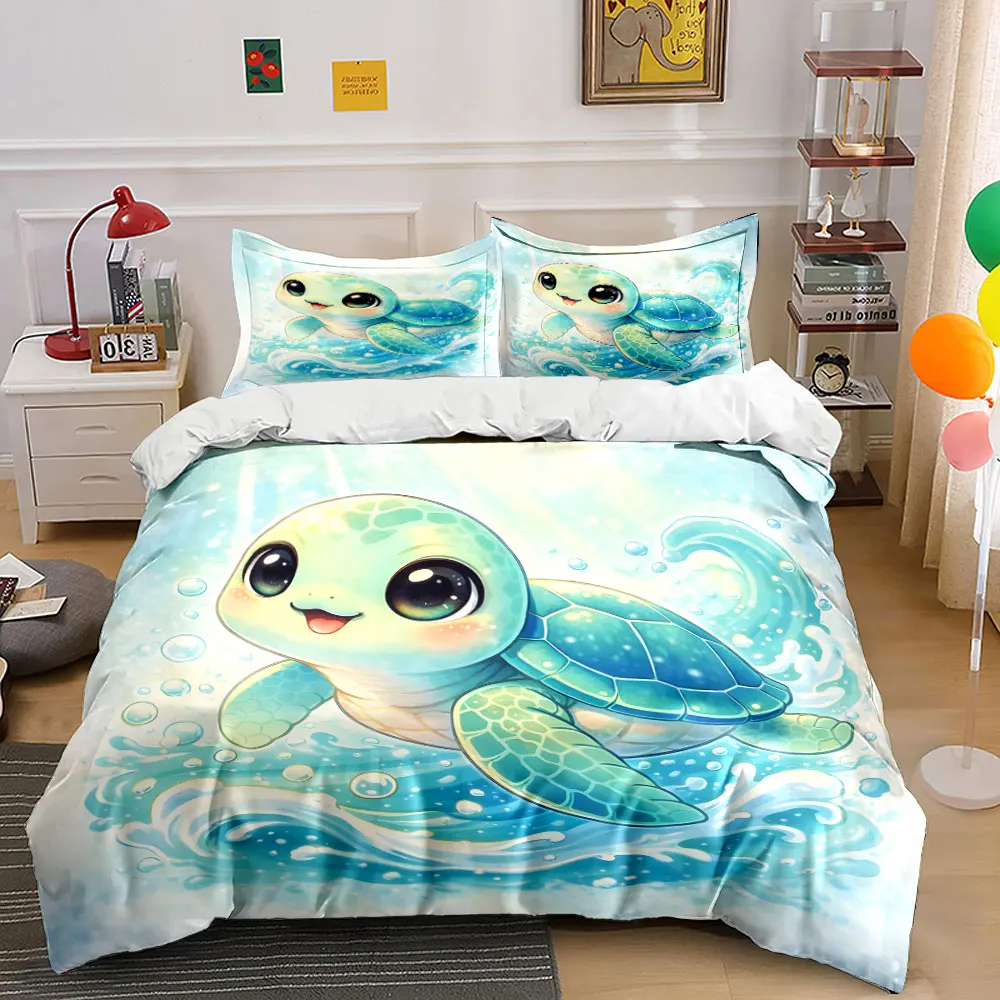 Adorable turtle playing in waves Print Soft Comfortable Duvet Cover Bedding Set Included 1*Duvet Cover 2*Pillowcases