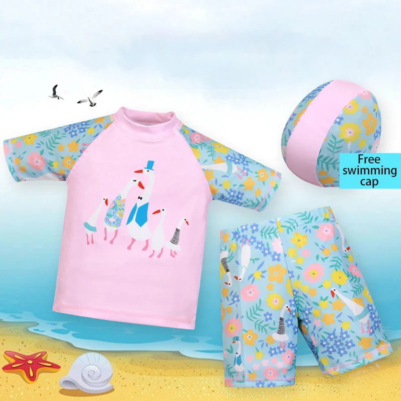 Children's Swimsuit Pink Three Piece Girls' Swimsuits With Hat Duck Print Pink 3-14 Year Baby's Beach Beach Hot Spring Swimwear