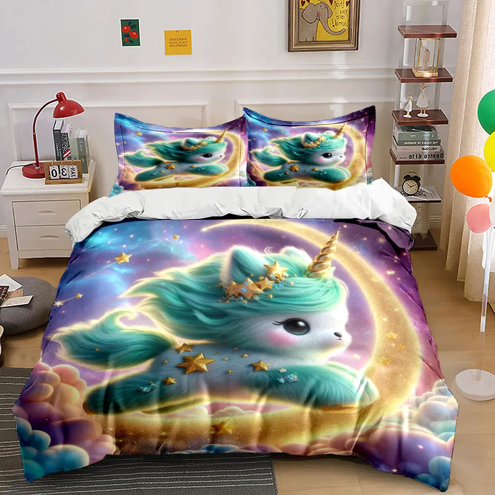 

3pcs Dreamy unicorn with starry moon Duvet Cover Set with 3D Printing Design Soft Polyester Bedding Set All-Season Comfort