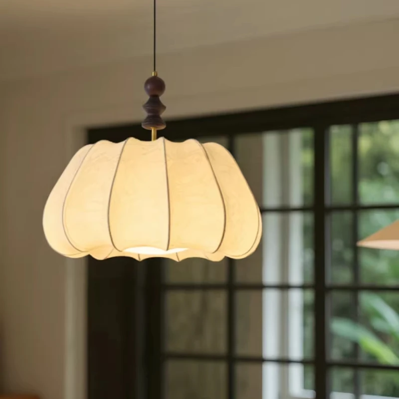 French Vintage Fabric Pattern Pendant Light LED Bedroom Dining Room Bar Study Teahouse Hotel Creative Pumpkin Shape Hanging Lamp
