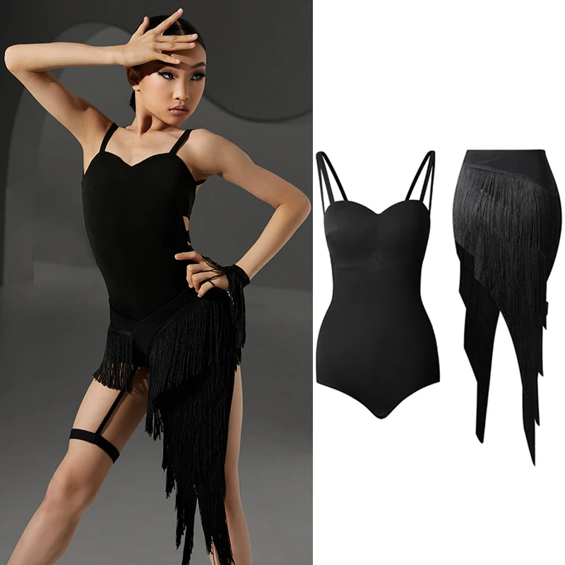 2023 Girls Latin Dance Dress Black Tops Irregular Fringe Skirt Kids Latin Competition Clothing Cha Cha Rumba Costume DNV17748