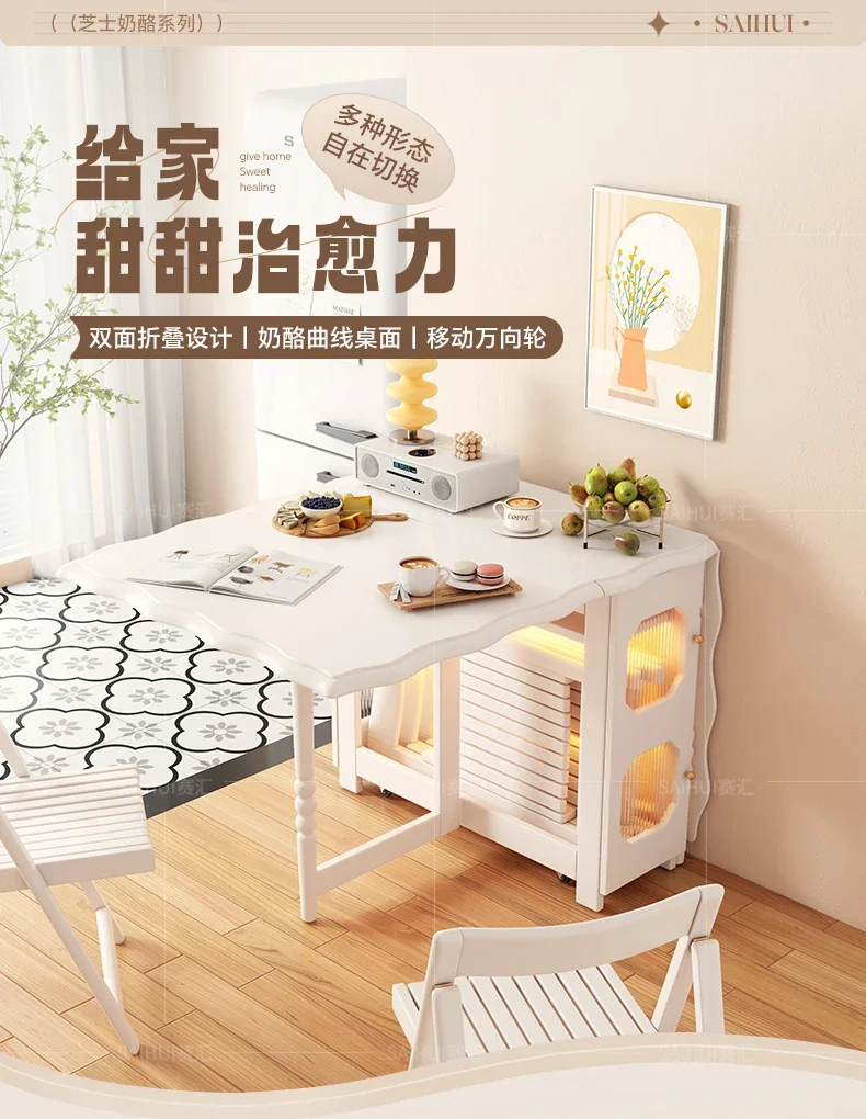 Folding dining table and chairs white solid wood cream wind small apartment household dining table removable