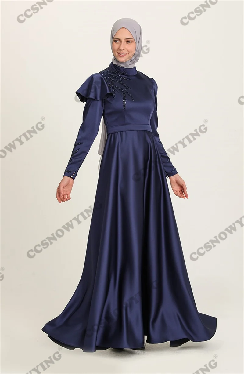 

Satin Beaded Hijab Muslim Evening Dresses Long Sleeve Islamic Formal Party Gown High Neck Women Arabic Kaftan Robe De Soiree