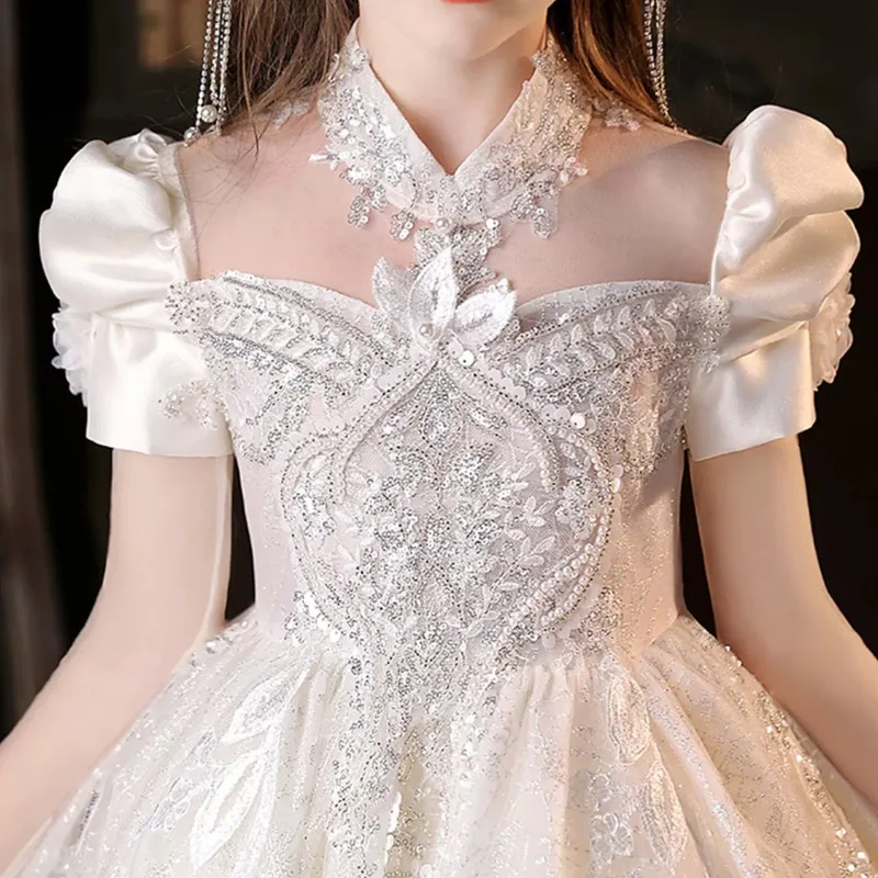 2024 Luxury Royal Party Dress for Girls Teenage Girl Elegant Sequins White Evening Dresses Children Gala Ball Gown Kid Partywear