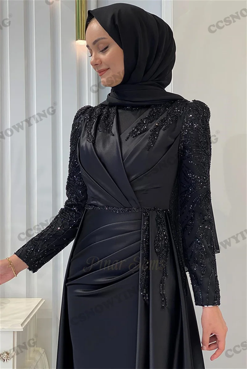 Satijnen Appliques Hijab Moslim Avondjurken Lange Mouw Islamitische Feestjurk Vrouwen Arabische Kafatn Robe De Soiree