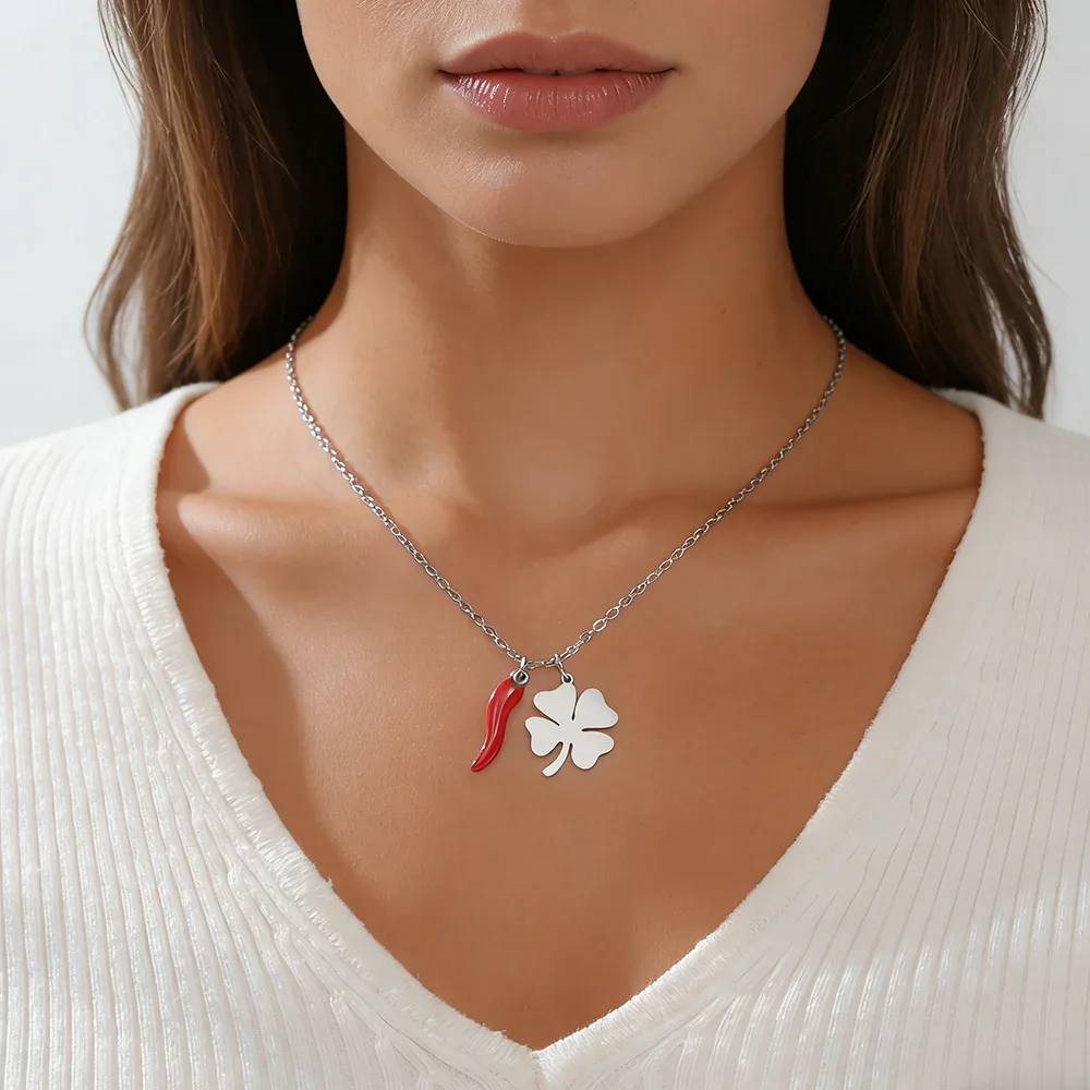 Red Italian Horn Four Leaf Clover Necklace Stainless Steel Gold Color Necklaces Good Luck Protection Jewelry Gift for Women