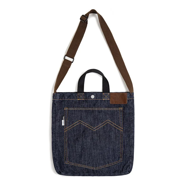 Madden Workwear Borsa a tracolla singola in denim retrò americano con tracolla singola Borsa tote per tablet portatile di grande capacità ricamata per uomo