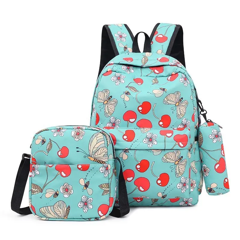 New Fashion Retro Printed Canvas backpack Backpack Female Student Three Piece Set