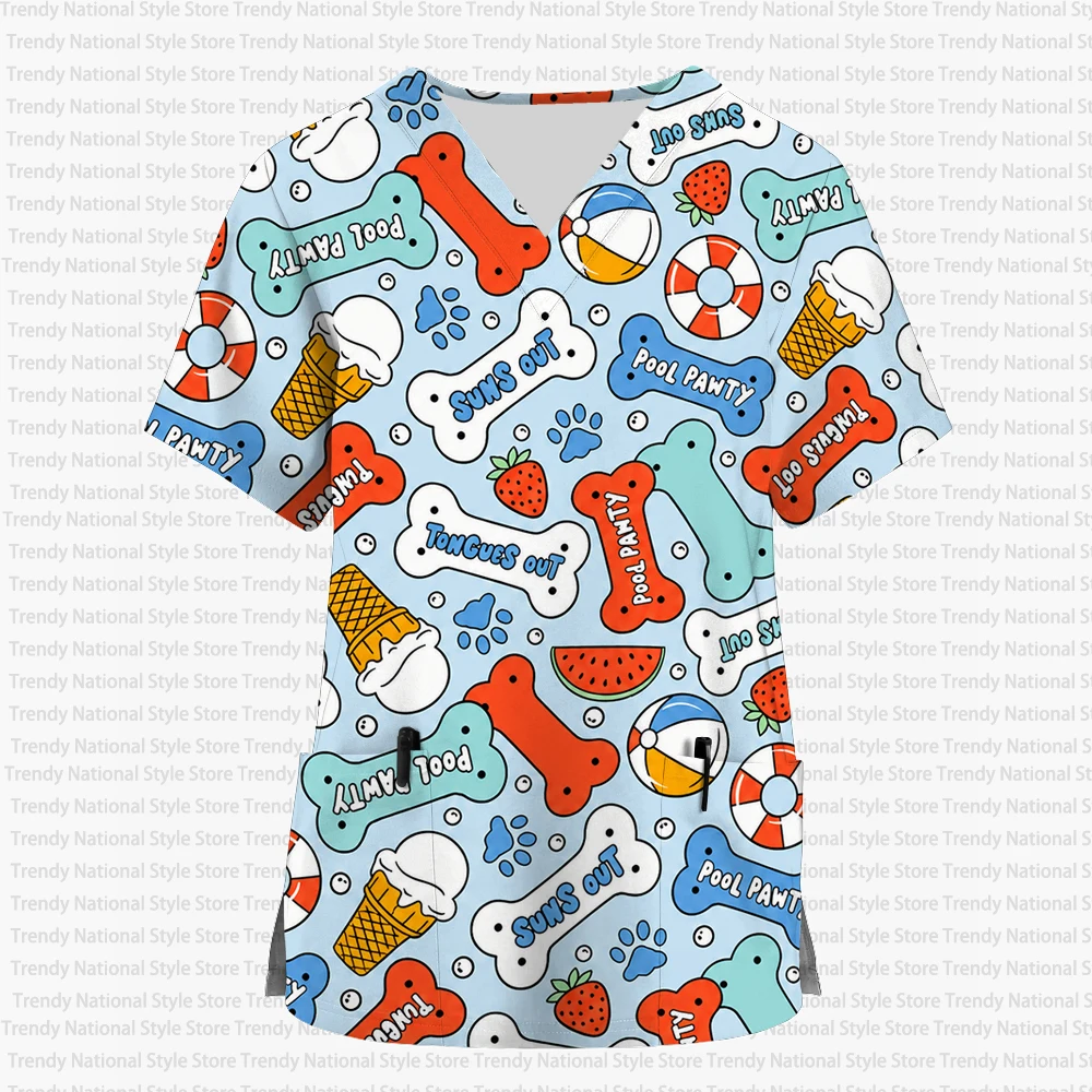New Women's Nursing Uniform Commuter Wear Printed V-neck Short-sleeved Pocket Frosted Top for Dental and Pet Shops