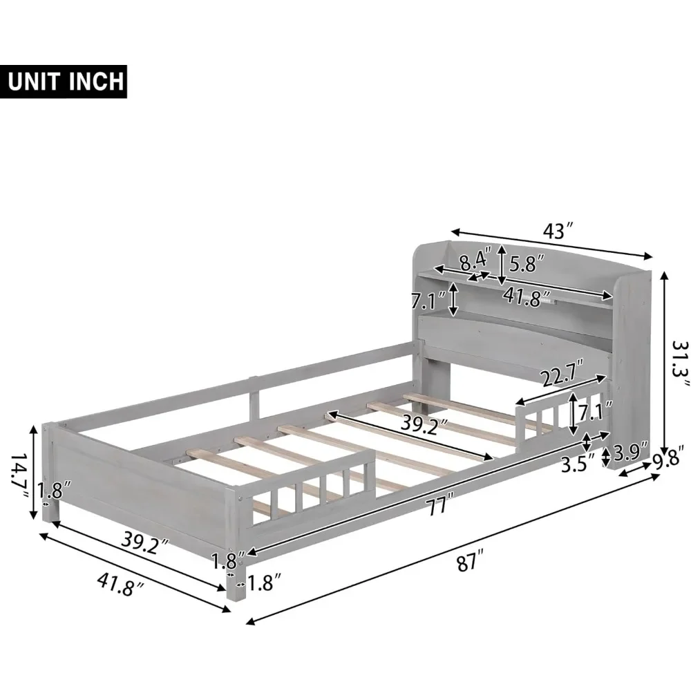 Twin Bed Frame with Storage Headboard and Fence Rails,Wood Low Platform Beds with LED Light and Slat Support for Kids Boys Girls