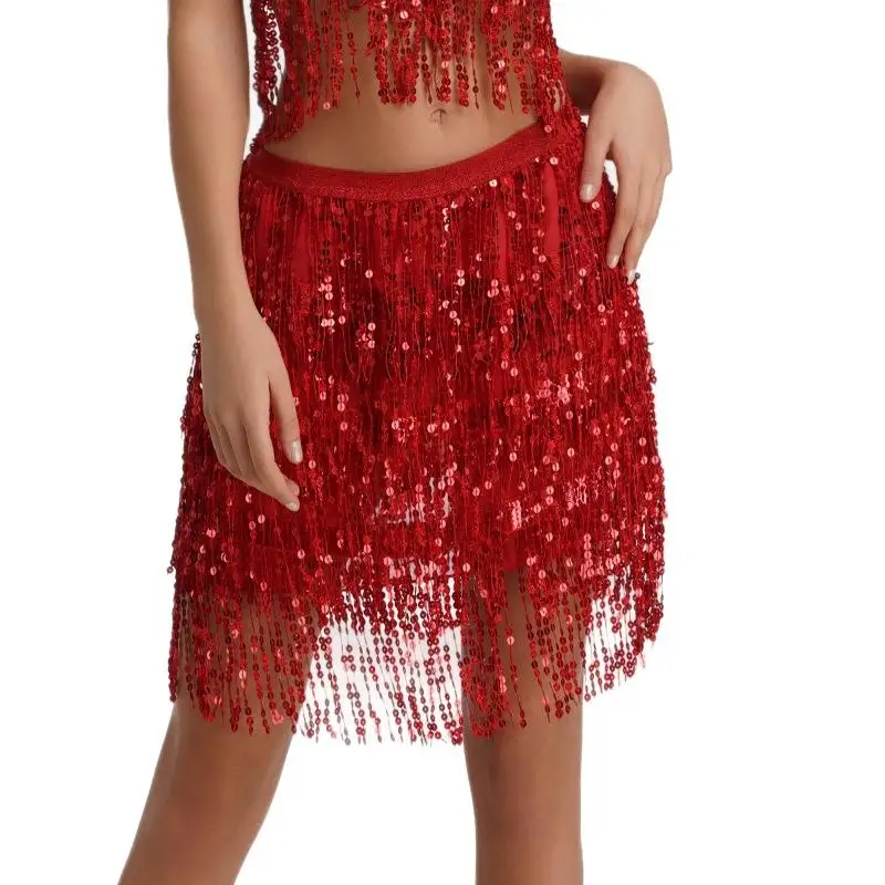 Loween – jupe de spectacle sur scène, pompon à paillettes, longueur f, Costume de danse du ventre, tissu Polyester, vêtements de fête, nouvelle collection