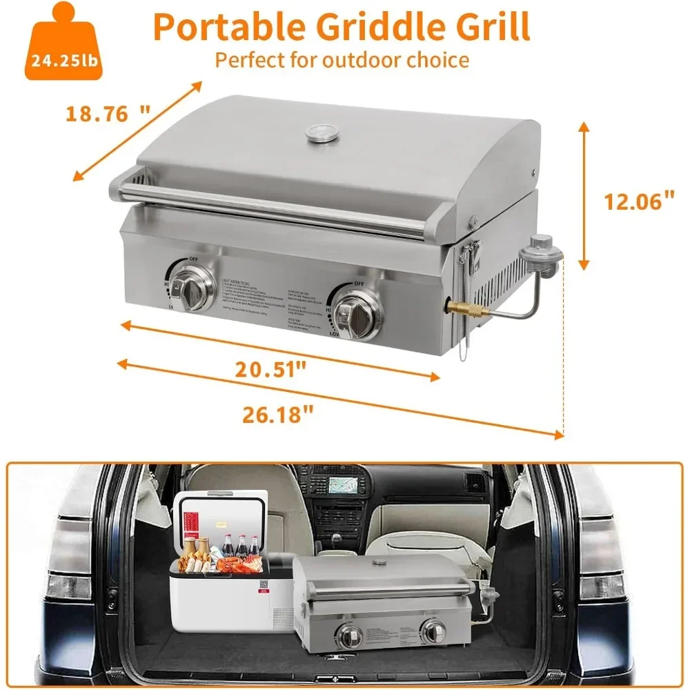 20 in Portable Tabletop Gas Grill, 20,000 BTU Propane Gas Grill with Travel Locks & Built in Thermometer, Stainless Steel