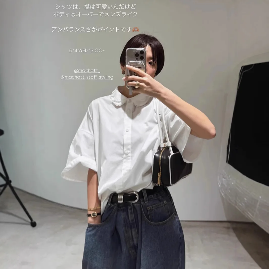 

Gagarich Japanese Retro Half Sleeved Shirt Fashion Double-layer Collar Lace Patchwork Loose Versatile Single Breasted Top