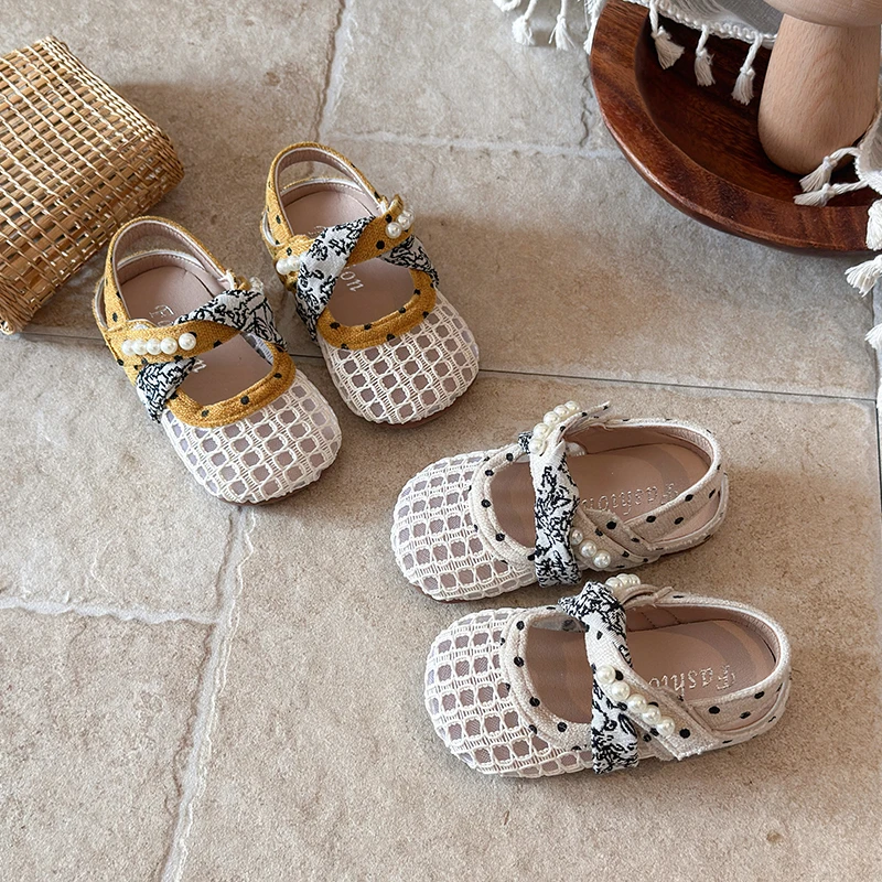 Summer Girl's Princess Shoes Pearl Mesh Polka Dot Chic Kid's Flat Shoe Solid Colors Anti-slip Daily Versatile Children Shoes