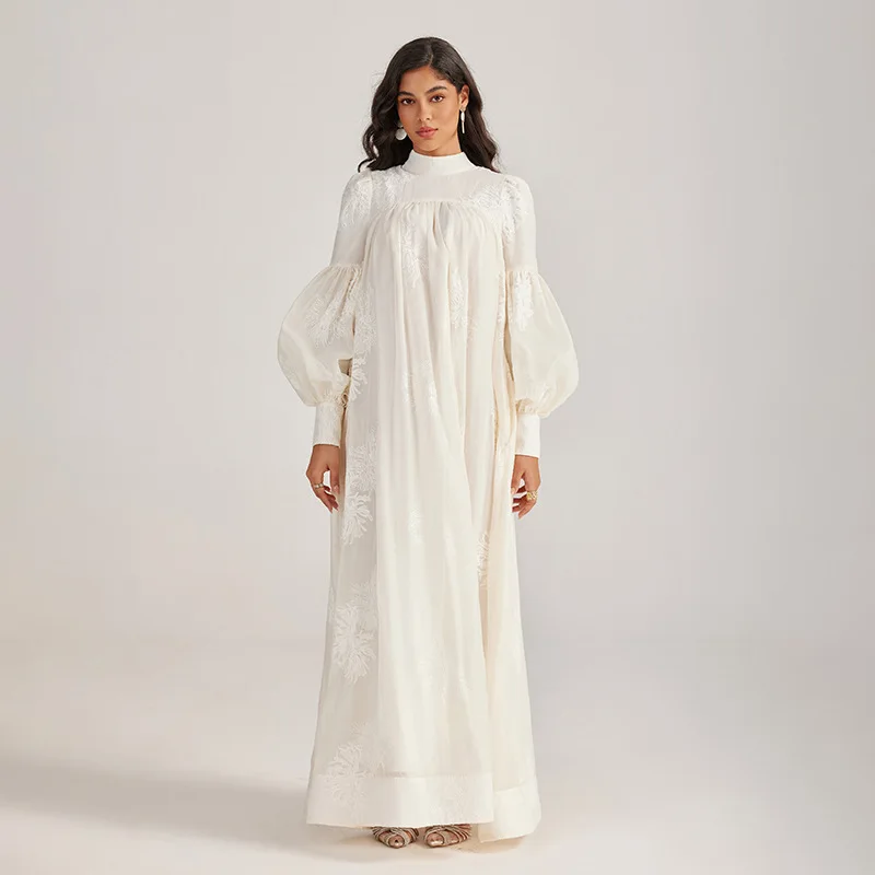 Francês sle bordado longo dr lanterna sve cintura alta thiened outono rua sle feminino faion alta quali costura