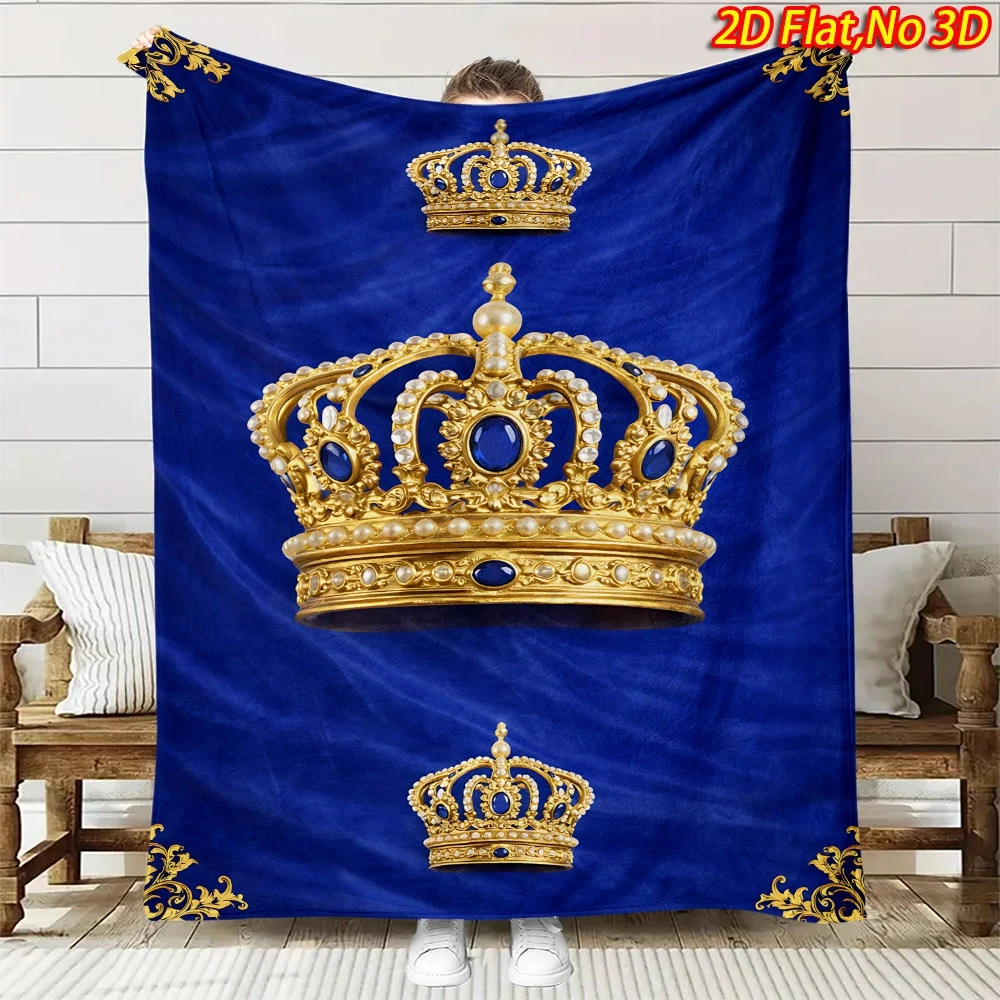1pc 2D Flat Printing Spring & Summer New Arrival Light Luxury Palace Style Royal Blue with Golden Crown Themed Flannel Blanket,