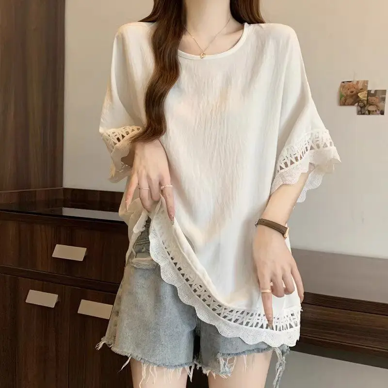 Women Summer Korean Loose Large Size Lace Hollow Out O-neck Short Sleeve T-Shirt Ladies Fashion All-match Appear Thin Trend Tops