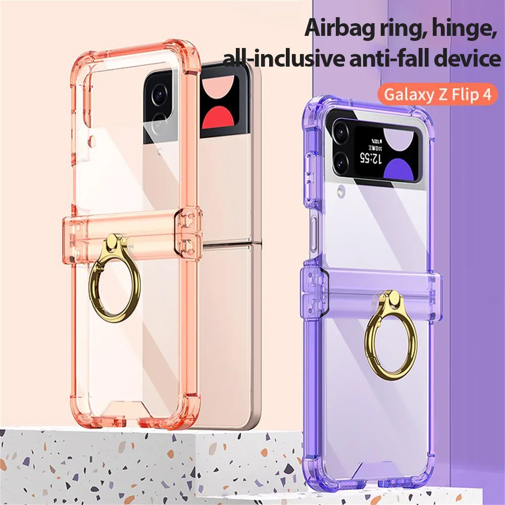 Transparent Ring Holder Bracket Folding Hinge For Samsung Galaxy Z Flip 5 4 3 Case Four Corner Shockproof Silicone Hard Cover