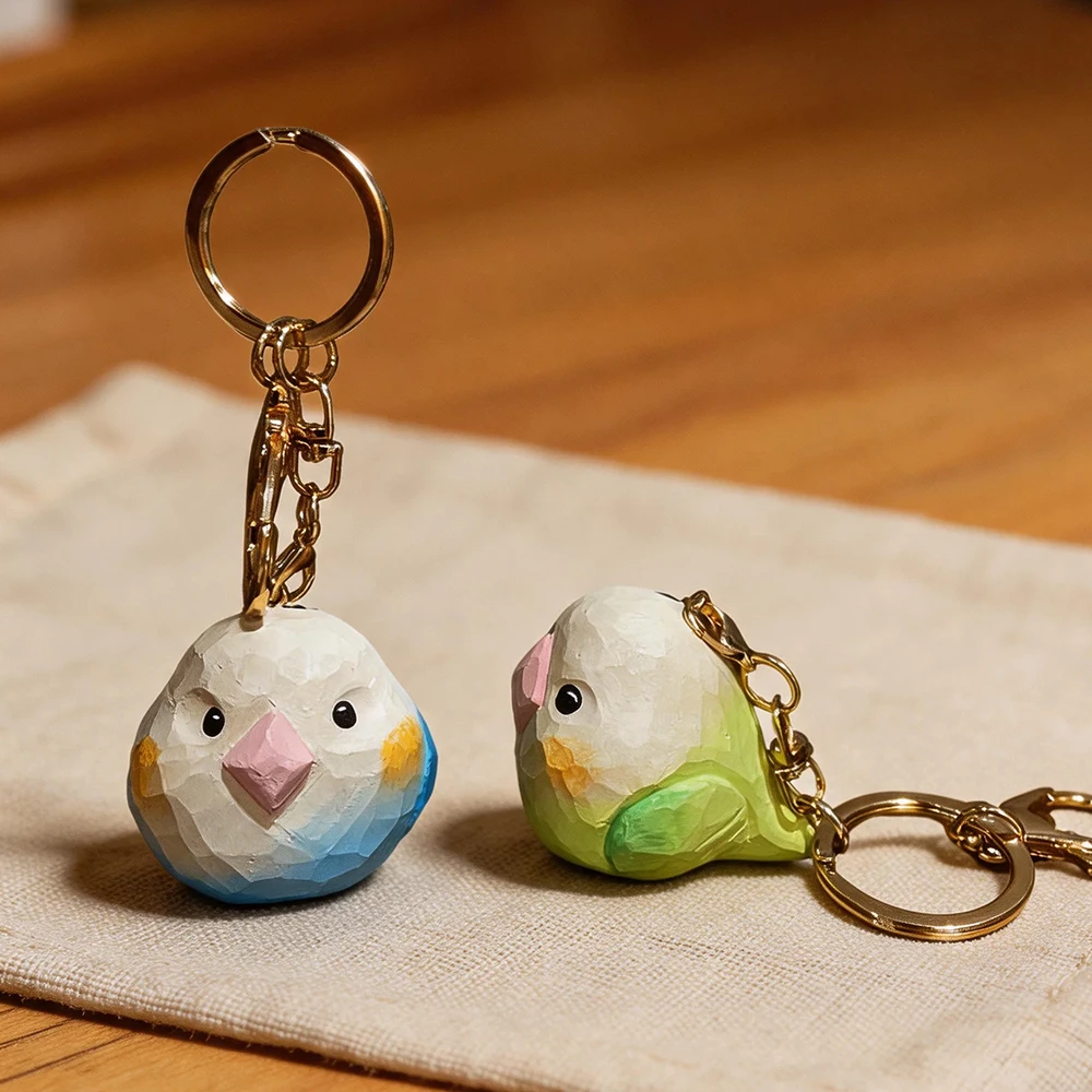Hand Carved Lovebird Keychain Cute Parrot Blue Purple Green Bird Keyring Wooden Pendant Bag Charm Gift Birthday