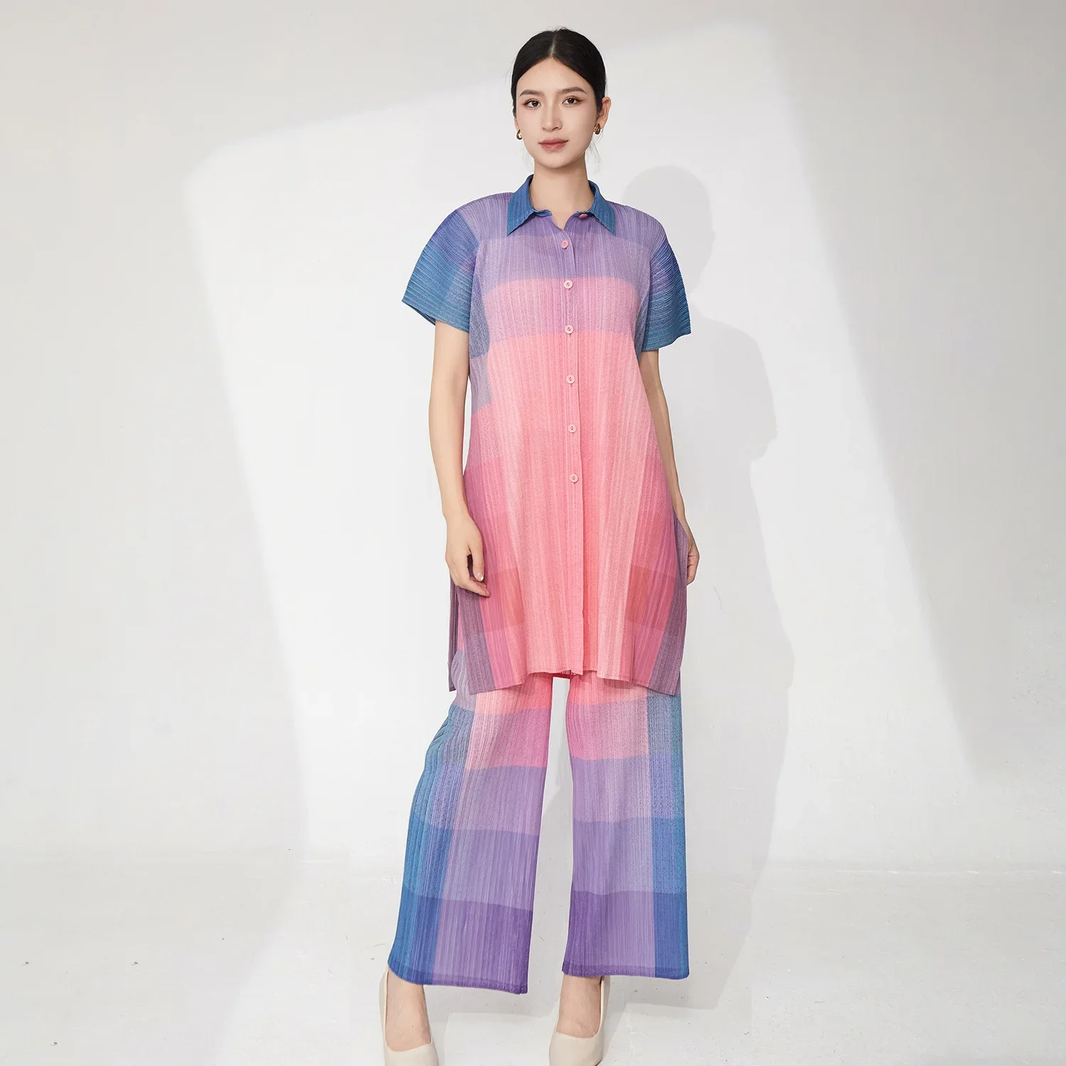 

Fold Miyake Pleated 2025 Summer New Women's Set Single-breasted Lapel Long Coat Casual Straight-leg Pants Two-piece Set