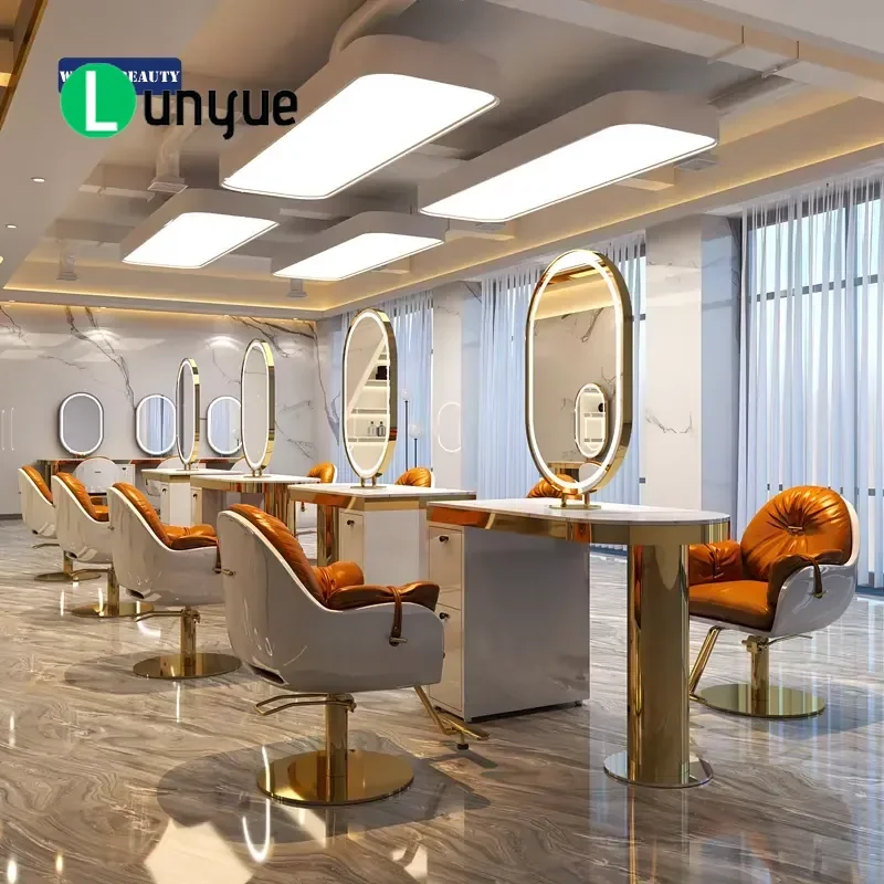 Gold Stainless Steel Double Sided Mirror Station with LED Lighting for Wallybeauty Beauty Equipment Furniture